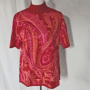 Isaac Mizrahi Live Bold Red & Pink Paisley Mock Turtleneck Short Sleeve Sweater